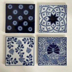 Pier 1 Imports Porcelain Tile Coasters Blue White Set of 4 Moroccan Floral
